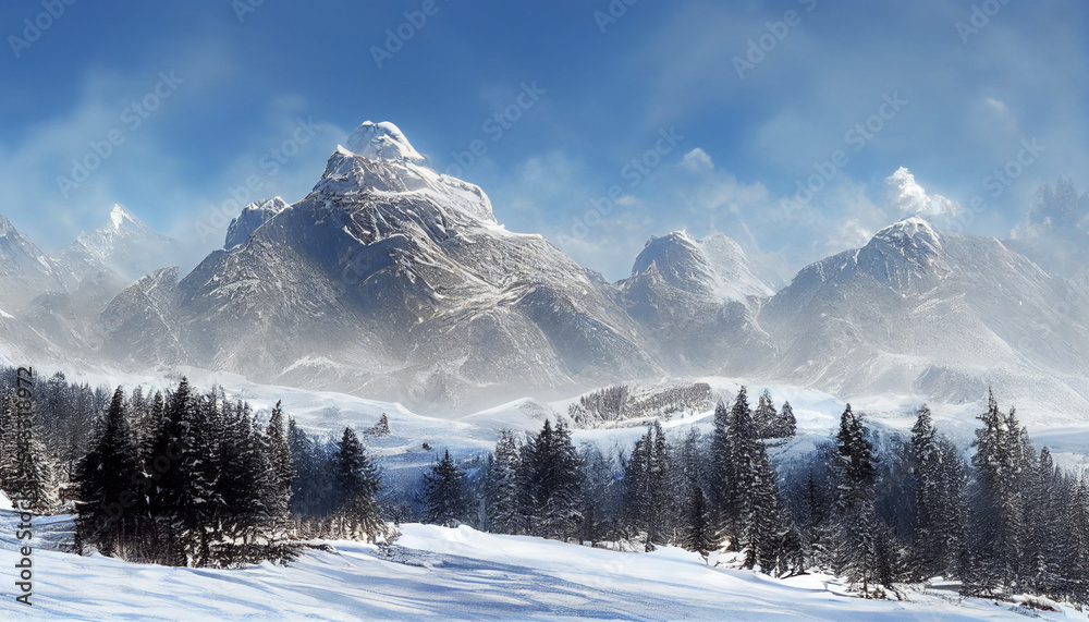 Amazing mountain winter scenery. Winter panoramic landscape with snow, mountains and trees. Magical winter. AI illustration, fantasy painting, digital art, artificial intelligence artwork
