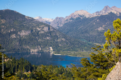 Top view on Lago Nahuel Huapi and Cerro Campanario in distance in Argentina