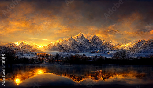 Amazing mountain winter scenery. winter landscape with snow, mountains and magical sunset reflection in a lake. ai illustration, fantasy painting, digital art, artificial intelligence artwork © PaulSat