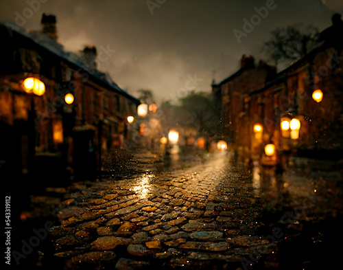 Wet cobblestone road with lights reflecting in it. Blurry buildings. Dark  rainy evening. Cobble stone street of the old town. Ai llustration  fantasy digital painting artificial intelligence artwork