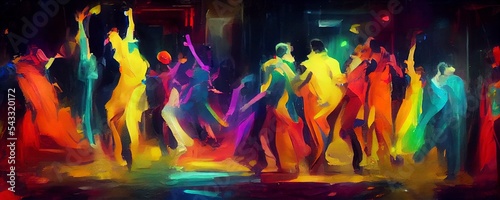Illustration of dancing people in a club. Abstract illustration with oil paint, paint splatters with vibrant colors and rainbow flag colors. Concept for LGBT pride parade, happy dancing at nightclub.