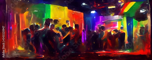 Illustration of dancing people in a club. Abstract illustration with oil paint, paint splatters with vibrant colors and rainbow flag colors. Concept for LGBT pride parade, happy dancing at nightclub.