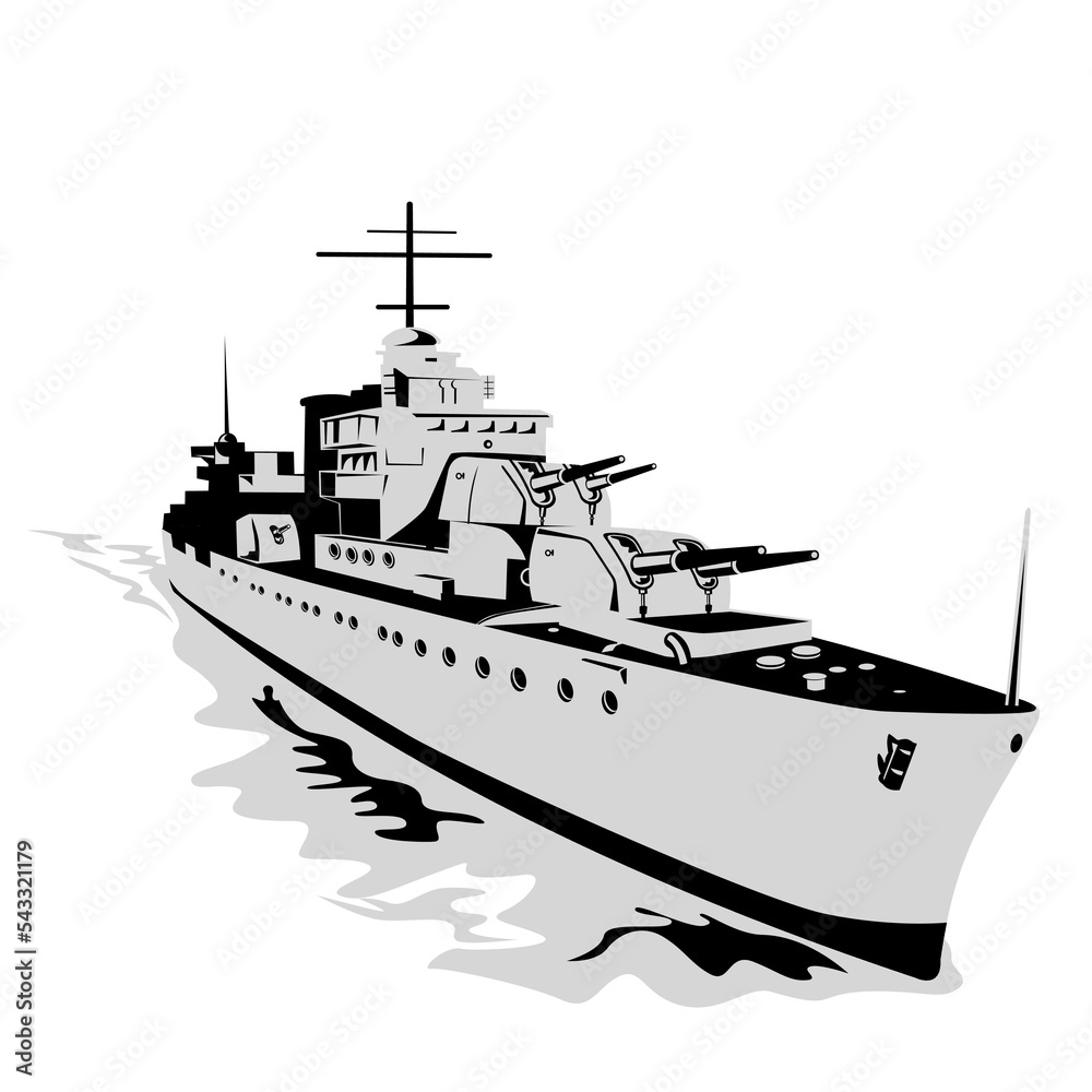 Illustration of a World War Two Fletcher Class torpedo boat destroyer or tin can at sea viewed from front on isolated background done in retro style. Illustration of a World War Two Fletcher Class torpedo boat destroyer or tin can at sea viewed from front on isolated background done in retro style.