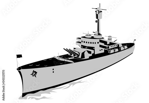 Illustration of a World War Two torpedo boat destroyer, Fletcher class or tin can at sea viewed from high angle aerial view on isolated background done in retro style.