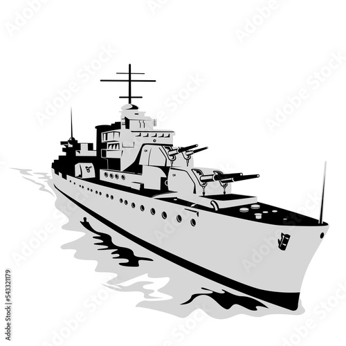 Illustration of a World War Two Fletcher Class torpedo boat destroyer or tin can at sea viewed from front on isolated background done in retro style.