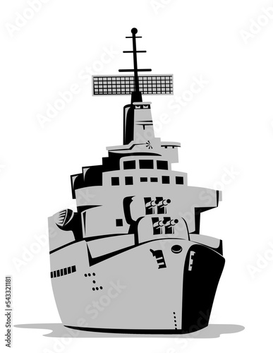 Print op canvas Illustration of a modern cruiser warship battleship at sea viewed from front on isolated background done in retro style
