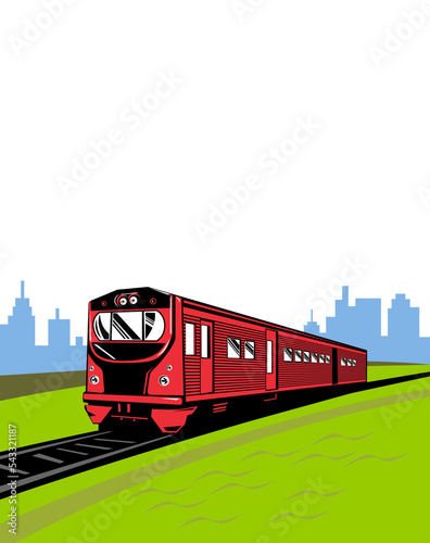 Illustration of a diesel passenger train moving on railroad track viewed from front with cityscape at back on isolated background done in retro style.