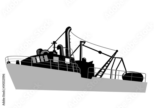 Illustration of a vintage fishing vessel, commercial fishing boat or trawler at sea viewed from side on isolated background done in retro style.