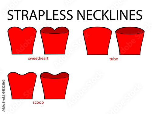 Set of necklines strapless clothes - sweetheart, scoop, tube top, dress, shirt technical fashion illustration with fitted body. Flat apparel template front, back sides. Women, men unisex CAD mockup