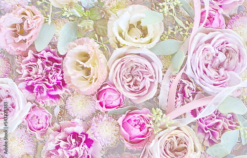 Relief of pink flowers and ribbons.3D illustration. 3D render