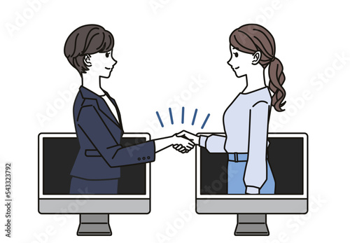 オンライン上で握手する女性