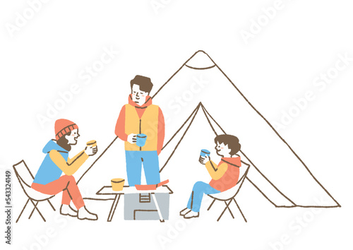 キャンプをしている3人家族_色