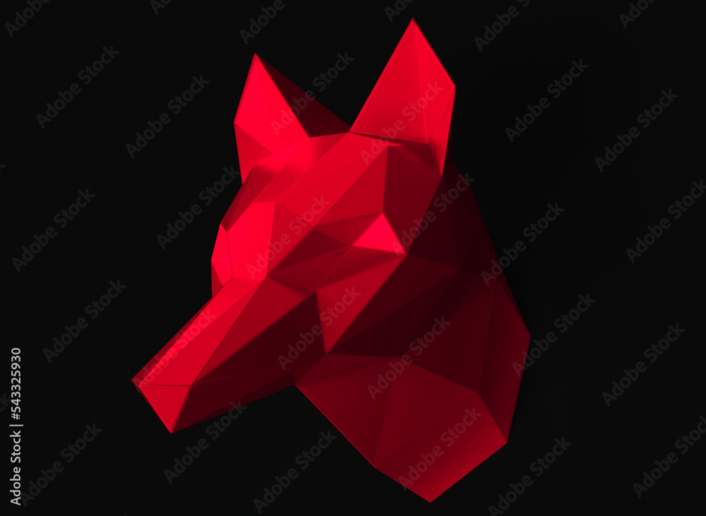 Polygonal origami wolf head hanging on the wall. Fox polygonal. 3D Rendering. Artist canvas art collection for decoration and interior. Polygonal origami wolf head hanging on the wall. Fox polygonal. 3D Rendering. Artist canvas art collection for decoration and interior.