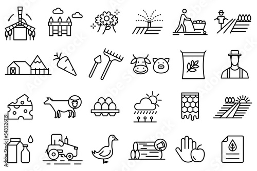 Conjunto de iconos de granja. Agricultura, ganadería, producción de alimentos, campo, cultivos, plantas. Ilustración vectorial