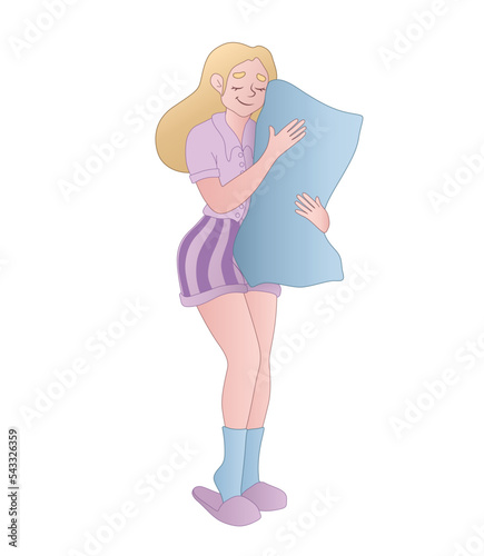 Sleepy woman in pajamas and with pillow on white background