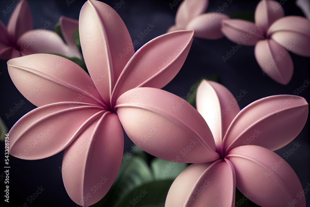 Macro photograph of pink plumeria flower with cinematic lighting. 3D illustration Macro photograph of pink plumeria flower with cinematic lighting. 3D illustration