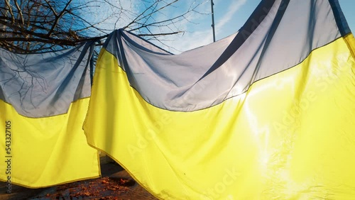 Large Ukrainian flags hanging in Riga after demonstraion photo