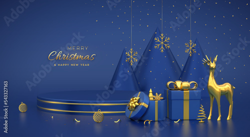Christmas Scene and 3D round platform with gold circle on blue background. Blank Pedestal with deer, snowflakes, balls, gift boxes, golden metallic cone shape pine, spruce trees. Vector illustration.
