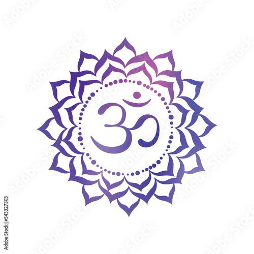 Sahasrara thousand-petaled or crown chakra is generally considered the seventh primary symbol, according to most tantric yoga traditions, Ayurveda, Hinduism, Buddhism. Energy center of human body. (ID: 543327303)