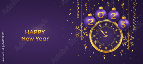 Happy New Year 2023. Hanging purple Christmas bauble balls with realistic gold 3d numbers 2023 and snowflakes. Watch with Roman numeral and countdown midnight eve for New Year. Merry Christmas. Vector