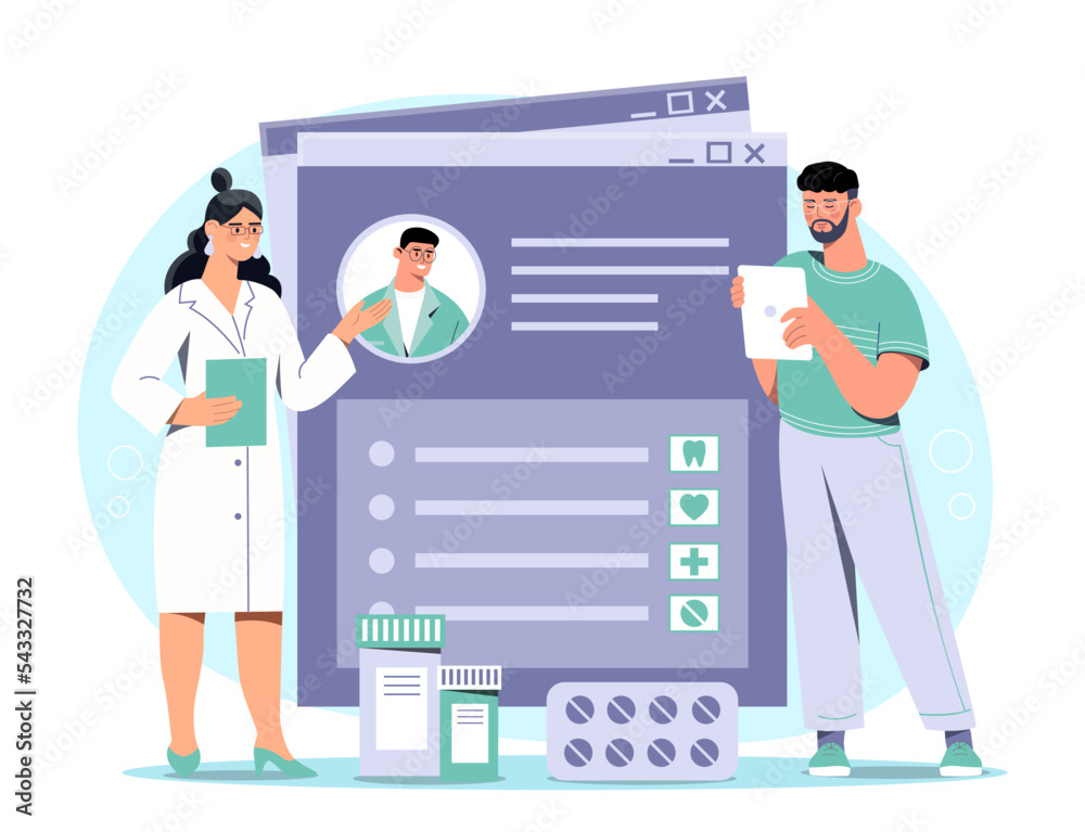 Electronic medical card. Man and woman diagnose patient and choose optimal method of treatment. Colleagues discuss case, teamwork. Remote medicine and doctors. Cartoon flat vector illustration Electronic medical card. Man and woman diagnose patient and choose optimal method of treatment. Colleagues discuss case, teamwork. Remote medicine and doctors. Cartoon flat vector illustration