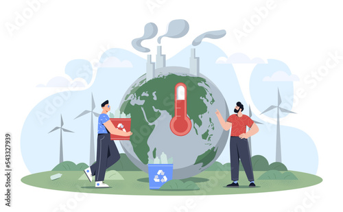 Global warming Concept. Men collect garbage against backdrop of steaming from factories of planet. Caring for environment and nature. Ecoactivists and volunteers. Cartoon flat vector illustration