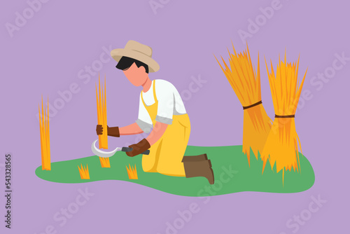 Cartoon flat style drawing happy male farmer harvesting rice and there is also rice that has been tied up. Harvest season in rural rice fields. Successful farming. Graphic design vector illustration