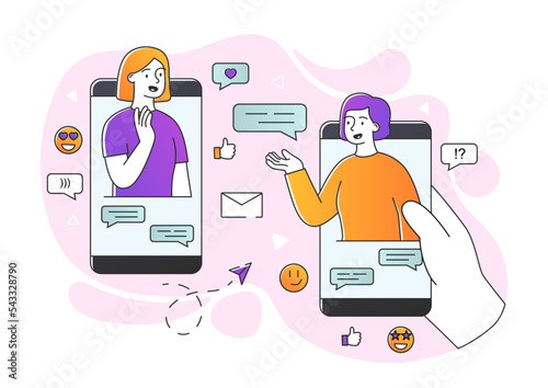 Mobile chat concept. Women communicate in social networks and instant messengers. Modern technologies and digital world. Gadgets and devices, poster or banner. Cartoon flat vector illustration