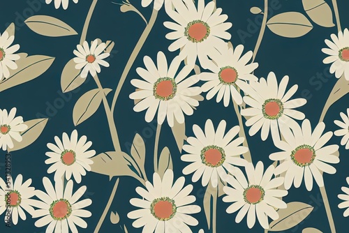 Seamless pattern made of small field daisies and roses buds. Flat cut out paper style. Floral collage. Summer botanical background in modern manner. Nature motif for textile and fabric texture.
