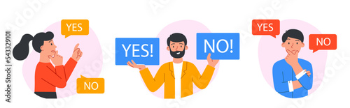 People making choices. Collection of characters choosing between yes and no, decision. Stickers for social networks and messengers. Cartoon flat vector illustrations isolated on white background