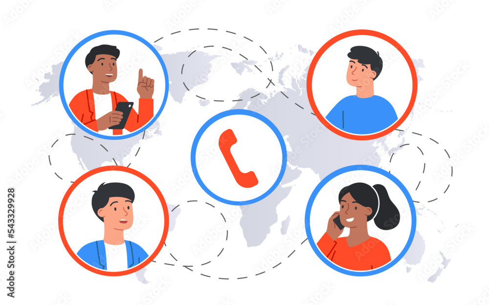 Telephone network concept. Avatars of men and women with smartphones in their hands. Modern technologies and digital world. Remote communication and interaction. Cartoon flat vector illustration
