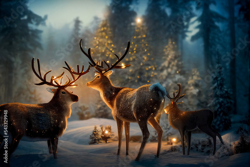 Reindeer in a winter magical forest on the eve of Christmas in vintage style. Christmas and New Year holidays bokeh Background. 3d illustration