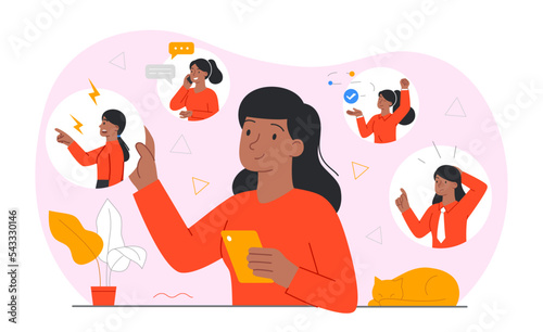 Woman expressing emotions. Young girl in different moods, facial expressions and gestures. Emotional person, reflection. Psychology and mental health concept. Cartoon flat vector illustration