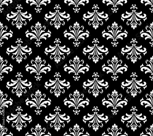 Wallpaper in the style of Baroque. Seamless vector background. White and black floral ornament. Graphic pattern for fabric, wallpaper, packaging. Ornate Damask flower ornament
