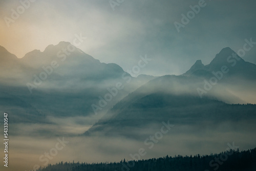 Εκτύπωση καμβά Smoke from nearby wild fires settle at diablo lake in North Cascades National Park in late summer making it difficult to see and breath and enjoy the area