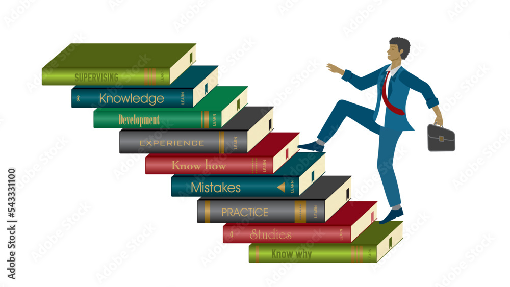Man running in stairs of book. Isolated on white. Studies, career and development for knowledge. Vector illustration. Man running in stairs of book. Isolated on white. Studies, career and development for knowledge. Vector illustration.