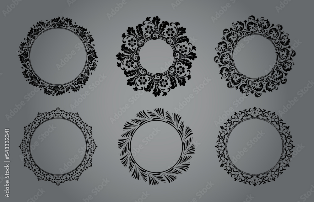 Set of decorative frames Elegant vector element for design in Eastern style, place for text. Floral black and gray borders. Lace illustration for invitations and greeting cards