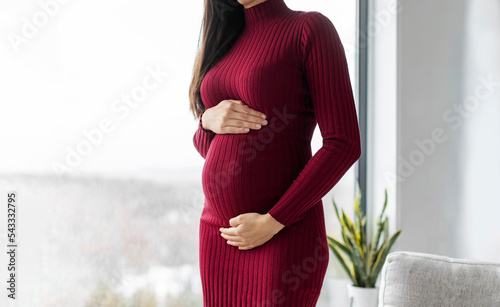 Pregnant woman profile holding her belly in red dress. Beautiful model for pregnancy maternity clothes photo