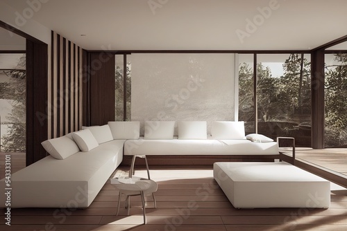 Minimal style wooden terrace with nature view 3d render There has dark wooden floors decorated with white leather armchair