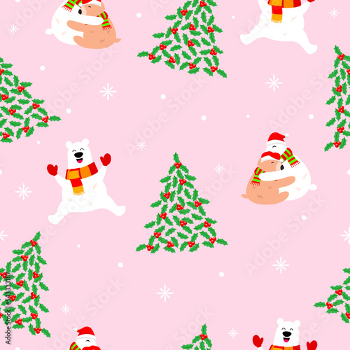 Cute cartoon polar bear animal. Christmas tree and polar bear seamless pattern. Vector illustration.