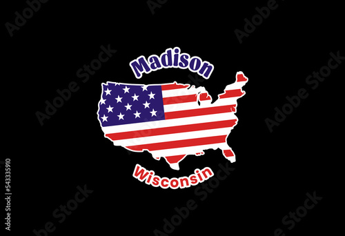 Madison. Map of the United States of America with the national flag of the United States isolated on a white background. Vector illustration.