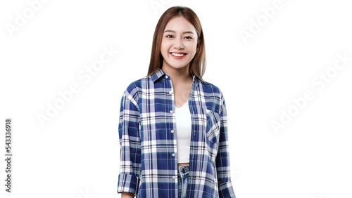 Happy beautiful Asian girl looking at camera and smiling. PNG file format transparent background.