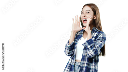 Happy beautiful Asian girl shouting and smiling. PNG file format transparent background.