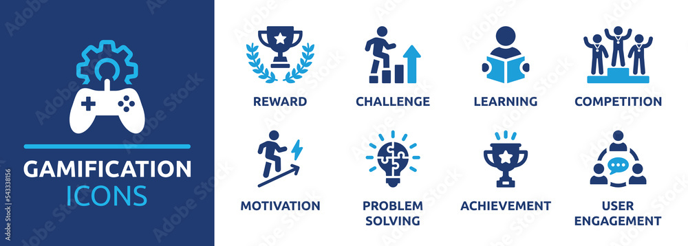 Gamification icon set. Containing reward, challenge, competition, motivation, problem-solving, achievement and user engagement icons. Solid icon collection.