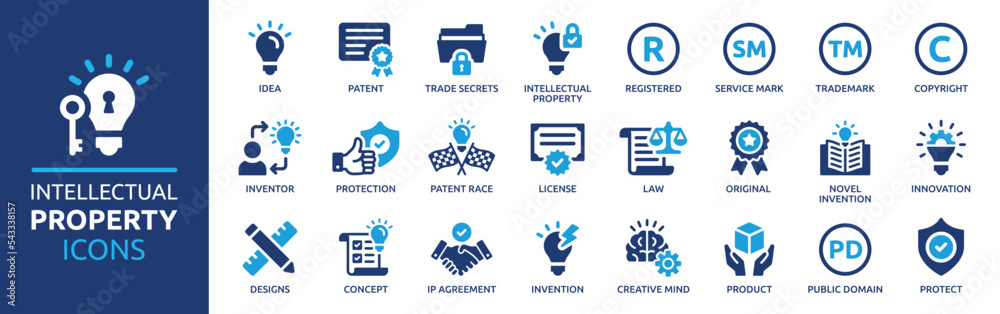 Intellectual property icon set. Containing copyright, trademark, registered, service mark, business idea, patent symbols and more. Business concept icon collection. Vector illustration. - obrazy, fototapety, plakaty 