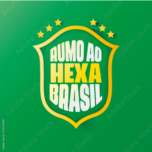 Vetor de Rumo ao hexa com escudo representando futebol com cores da bandeira do Brasil para torcida de Copa do Mundo photo