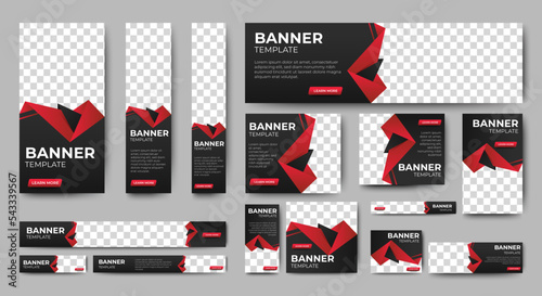 Set of corporate web banners of standard size with a place for photos. Vertical, horizontal and square template. Black and red. 