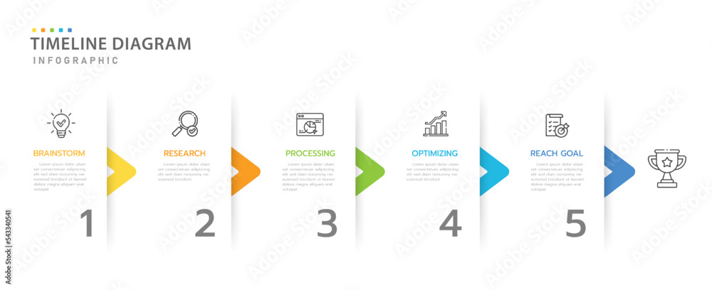 Infographic template for business. 5 Steps Modern Timeline diagram with arrow and topic, presentation vector infographic timeline.