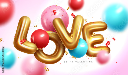 Valentine's love 3d balloons vector design. Valentine's day with balloon inflatable letters in metallic gold color for for background decoration. Vector Illustration.
