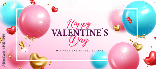 Happy valentine's day text vector template design. Valentine's day greeting card with inflatable balloons element in blurred background. Vector Illustration.

